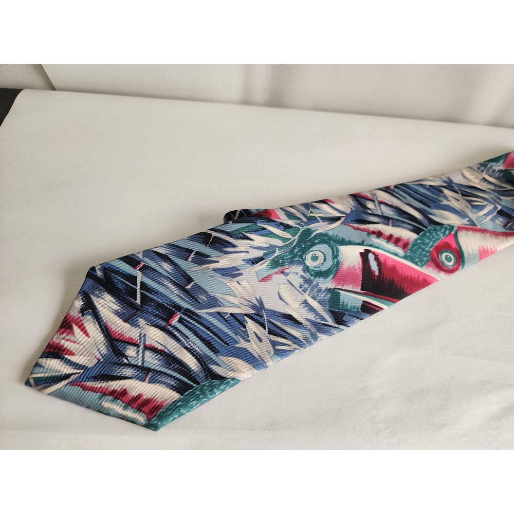 Royal Knight Mens Silk Tie Abstract Tropical Floral Blue Pink Teal Vintage Style